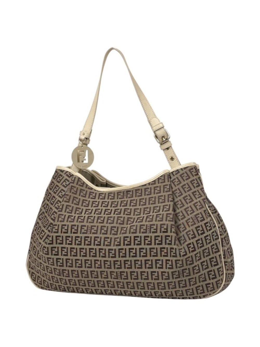 Fendi Tote Zucchino Pattern Canvas Beige White